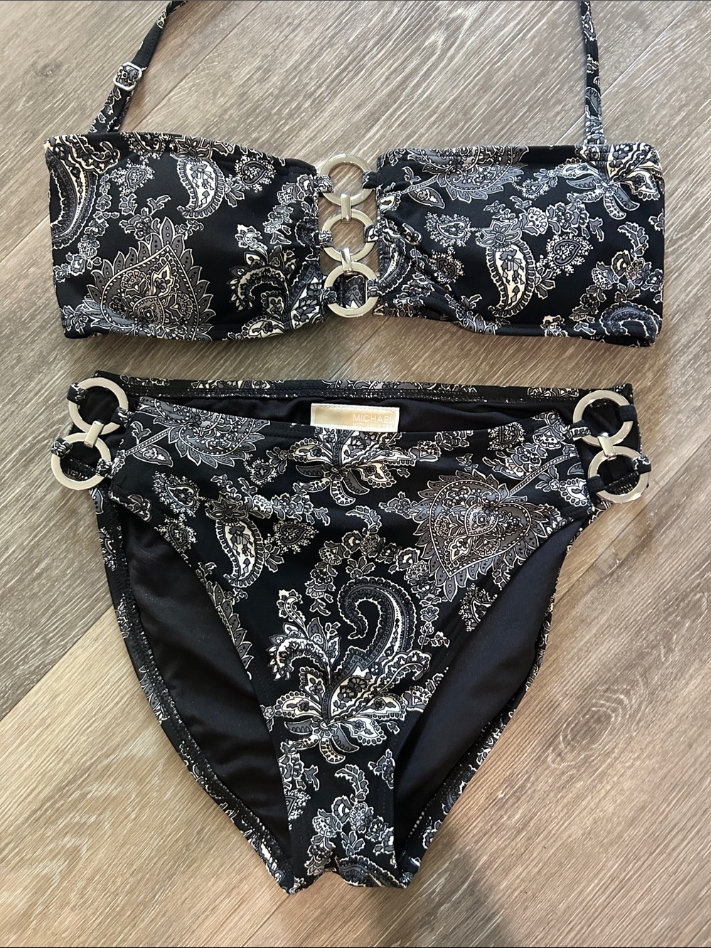 MICHAEL Michael Kors Black Paisley Bandeau Bikini with Silver Rings